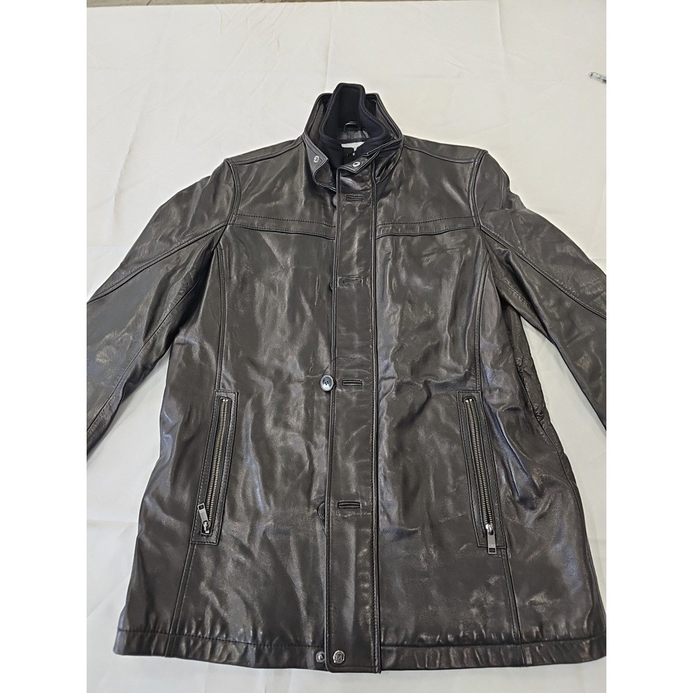 Andrew Marc New York Mens Black Leather Wool Bib Coat Jacket Size Large